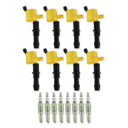 Ignition Upgrade Kit- 2004-2008 Ford 4.6L/5.4L/6.8L 3-Valve, Yellow 8-Pack Includes 8-Pack Of Hp Copper Spark Plugs (P/N 8160) & 8-Pack Of Ignition Coil (P/N 140033-8) ACCEL