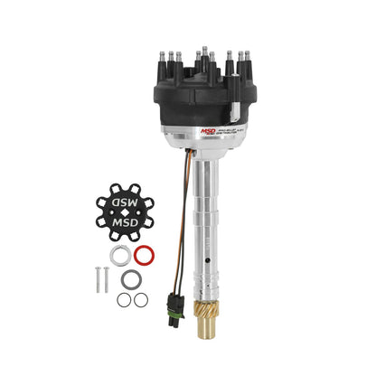 Chevy Pro-Billet Racing Distributor Large Cap, Locked Out, 0.006 Over-Sized Bronze Gear, Billet Parylene Coated Reluctor, Parylene Coated Magnetic Pickup & Slip Collar. All The Ingredients For An All Out Race Dedicated Distributor MSD Ignition