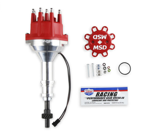 Distributor, Ford 351W, Billet, Small Cap, Steel Gear 'S Pro-Billet Small Diameter Distributor W/Red Cap And Steel Gear, Requires The Use Of 6, 7, 8 Series MSD Ignition