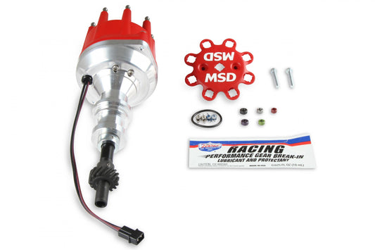 Distributor, Ford 351W/Steel Gear/Holley Hi-Ram 'S Pro-Billet Small Diameter Distributor W/Red Cap And Steel Gear, Requires The Use Of 6, 7, 8 Series And Designed To Fit Holley 351W Hi-Ram Carburetor Intake Manifolds MSD Ignition-1