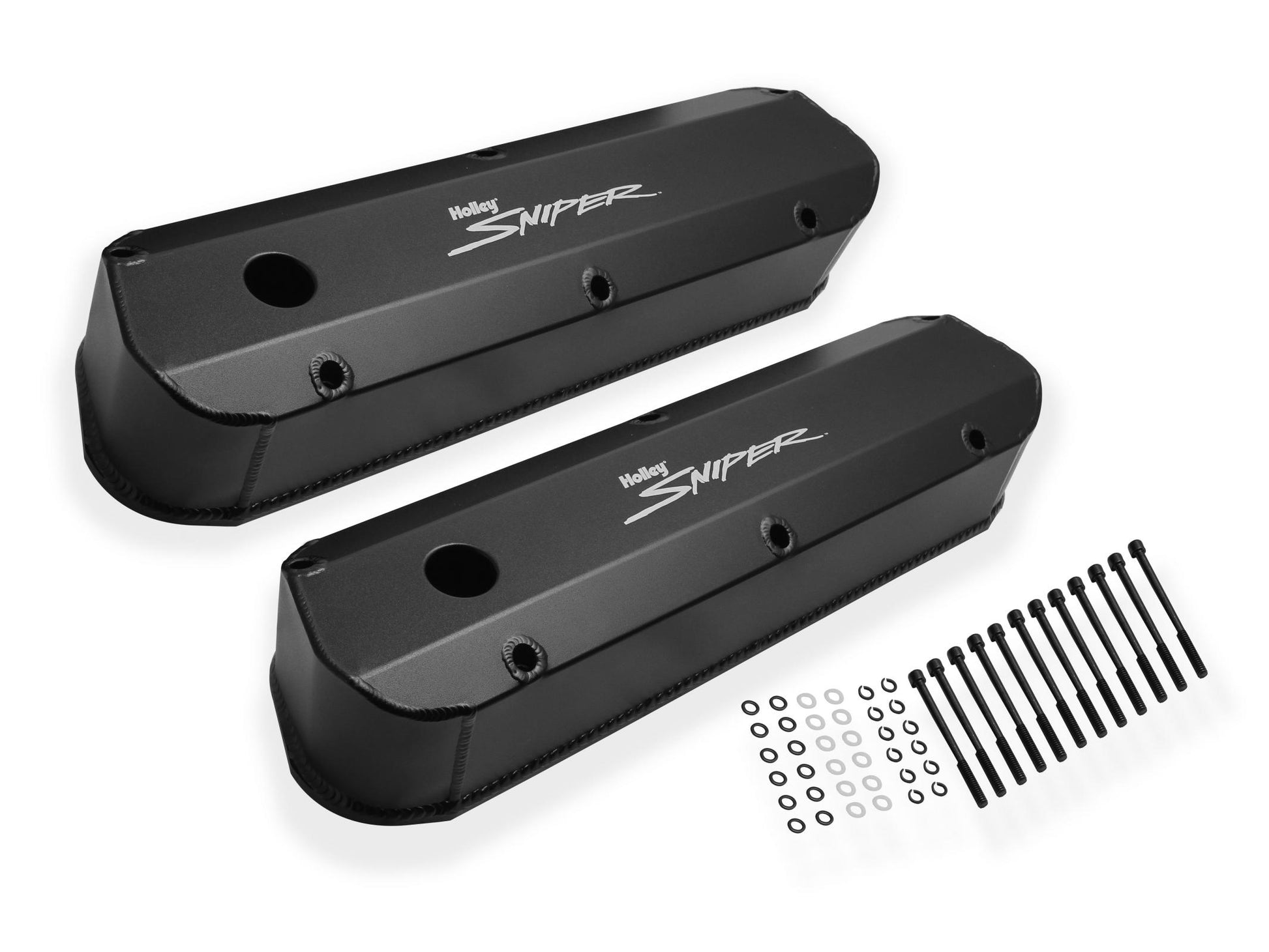 Valve Cover Fabricated Aluminum Ford Small Block Long Bolt Black 1962-85 Ford Windsor Small Block 260-351 Cubic Inch 1/4 Inch Thick Billet Rail Holley Sniper EFI-4