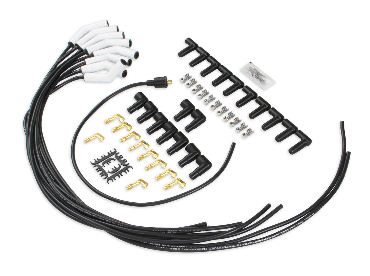 Spark Plug Wire Set Universal 135 Deg White Ceramic Boots 9002C, Spark Plug Wires, Pro Fit Ceramic, Spiral Core, 8Mm, Black, Set ACCEL-2