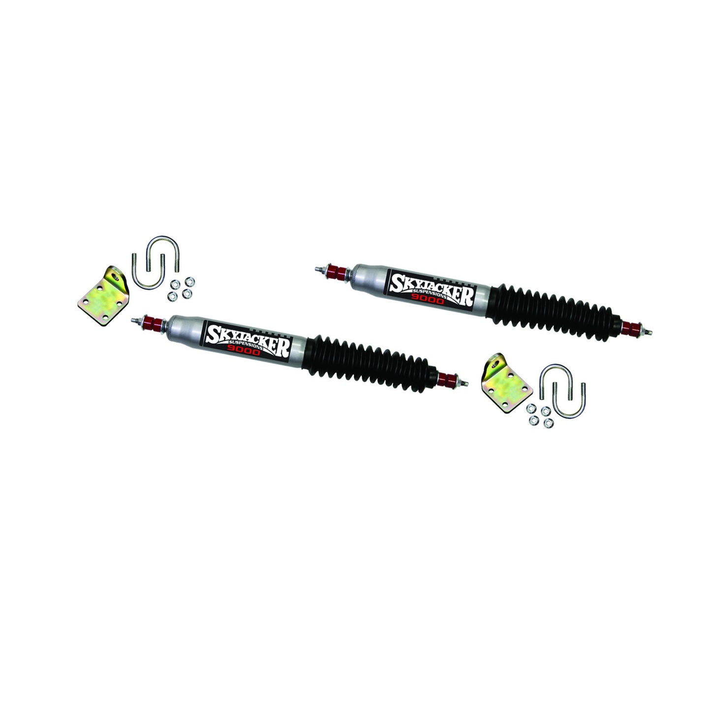 Steering Stabilizer Dual Kit w/OEM Location Silver w/Black Boots Skyjacker