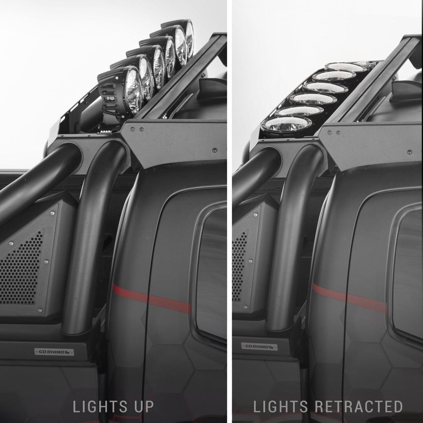 Sport Bar 2.0 Power Acuated Retractable Light Mount Conversion Kit Full Size Textured Black 2007-2024 Toyota Tundra 2009-2023 Dodge Ram 1500/2500/3500 Go Rhino-5