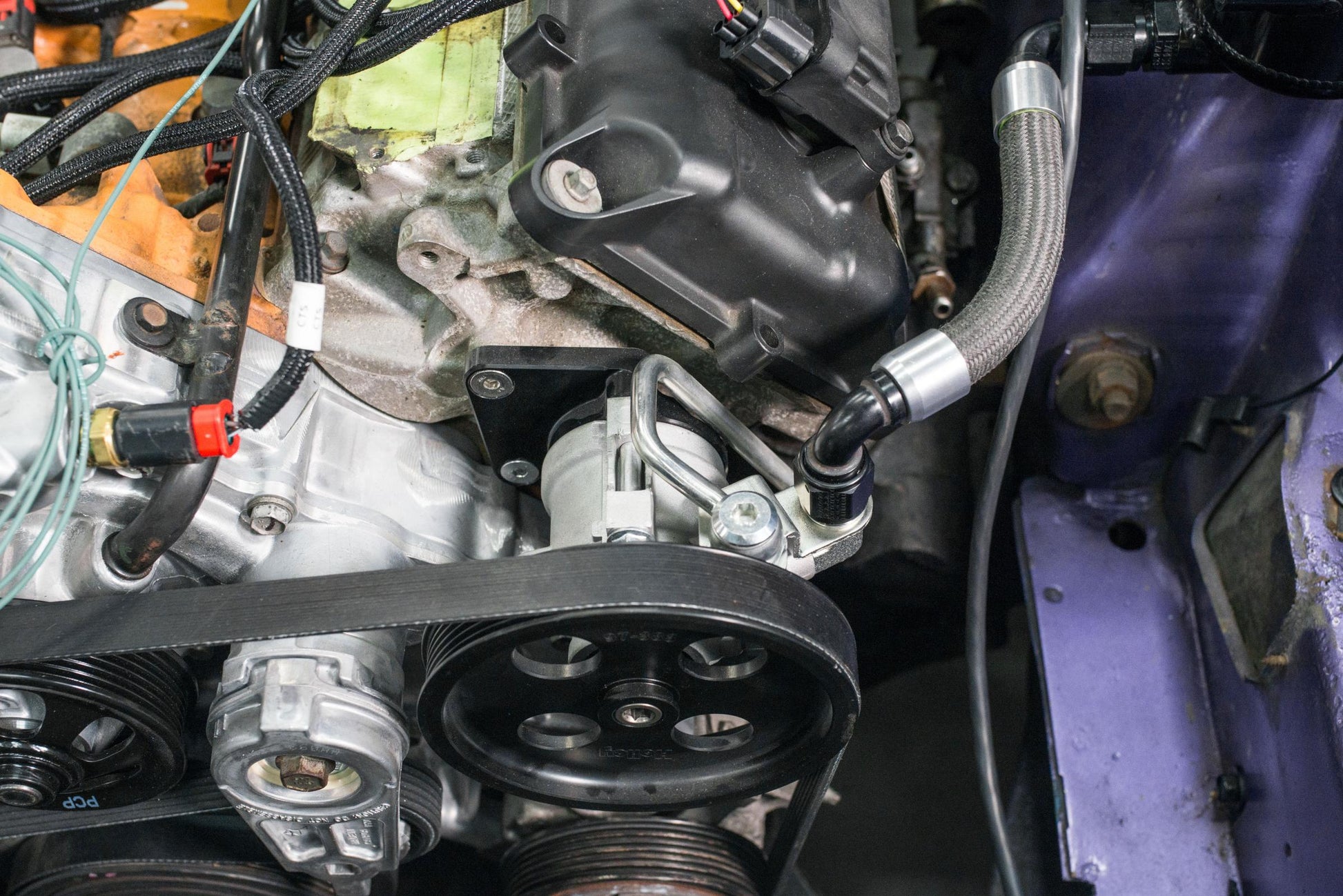 Power Steering Kit for Gen III Hemi Swaps Late Car Low Pressure Power Steering Kit W/ Saginaw Type II Pump, Mounting Bracket, and Pulley Fits 2014 & Up Gen III Hemi Engines (5.7L and 6.4L) Fits Engines with 4.82 Damper Spacing (see Drawing) Holley-9