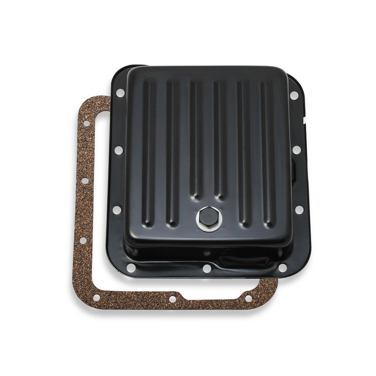 Transmission Oil Pan Black Steel Fits Ford C4 case-filled. Stock Depth and Capacity Finned Design Mr Gasket