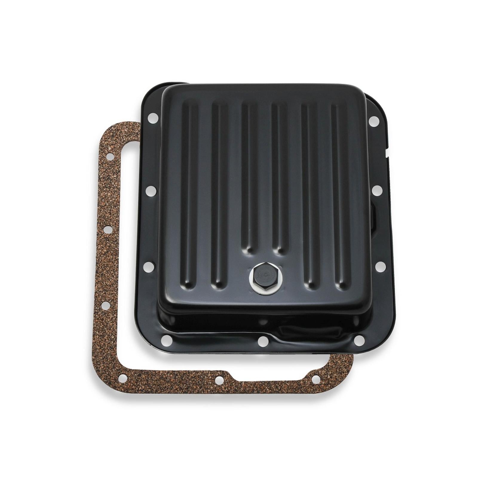 Transmission Oil Pan Black Steel Fits Ford C4 case-filled. Stock Depth and Capacity Finned Design Mr Gasket