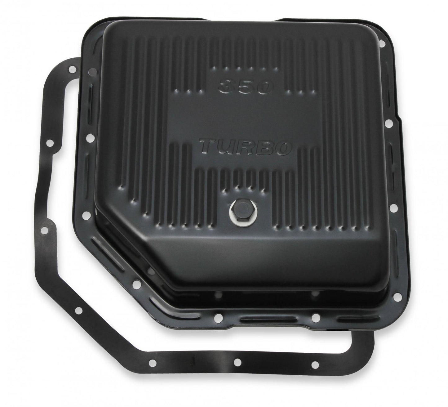 Transmission Oil Pan Black Steel Fits GM TH350 Stock Depth and Capacity Finned Design Mr Gasket