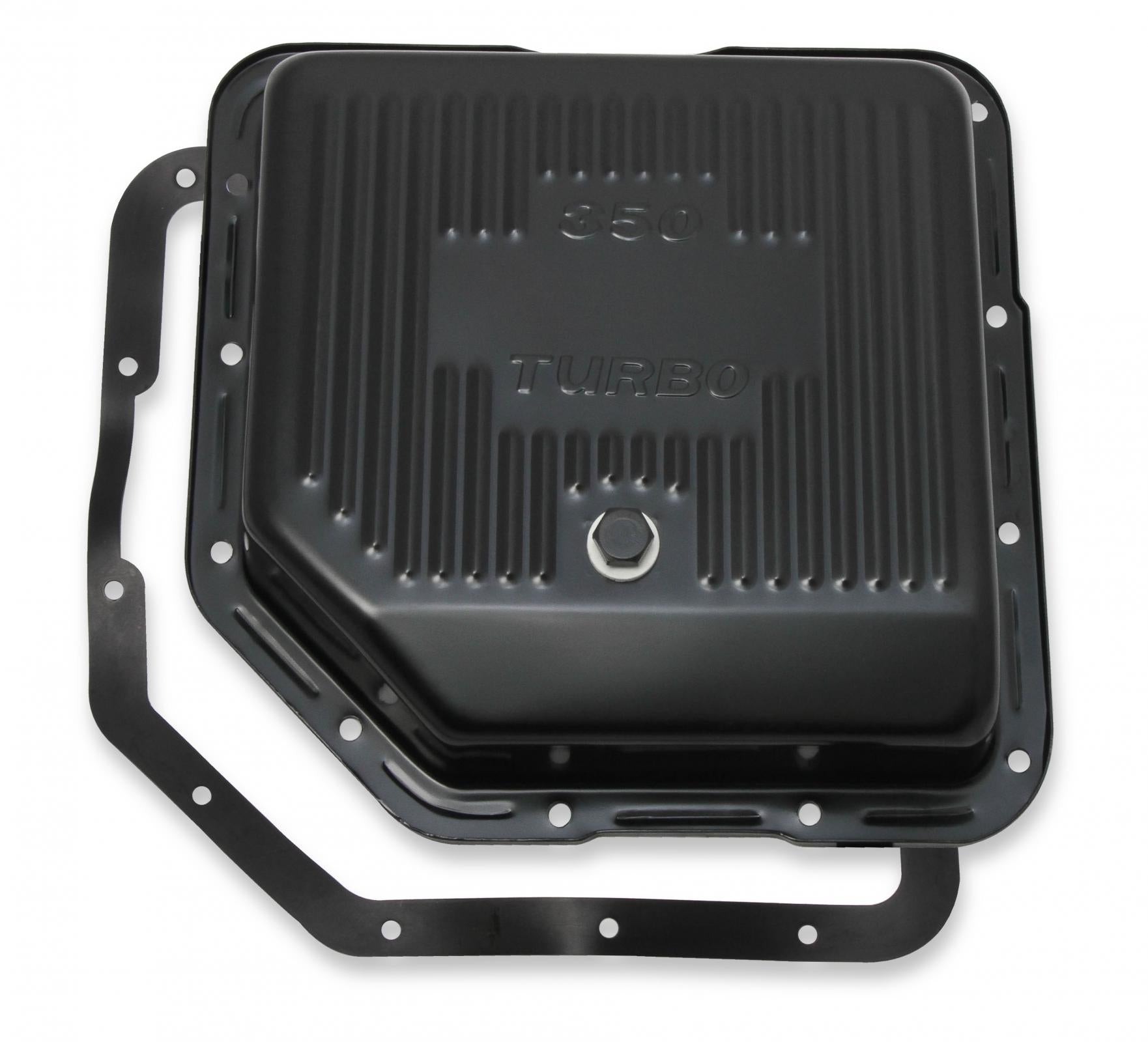 Transmission Oil Pan Black Steel Fits GM TH350 Stock Depth and Capacity Finned Design Mr Gasket