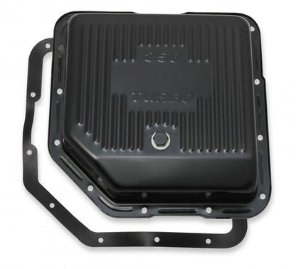 Transmission Oil Pan Black Steel Fits GM TH350 Stock Depth and Capacity Finned Design Mr Gasket