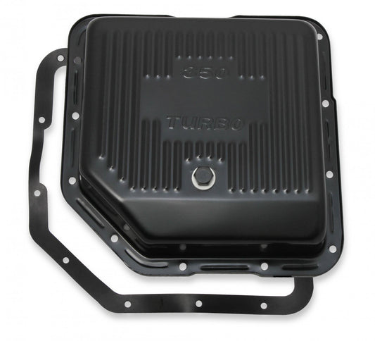 Transmission Oil Pan Black Steel Fits GM TH350 Stock Depth and Capacity Finned Design Mr Gasket