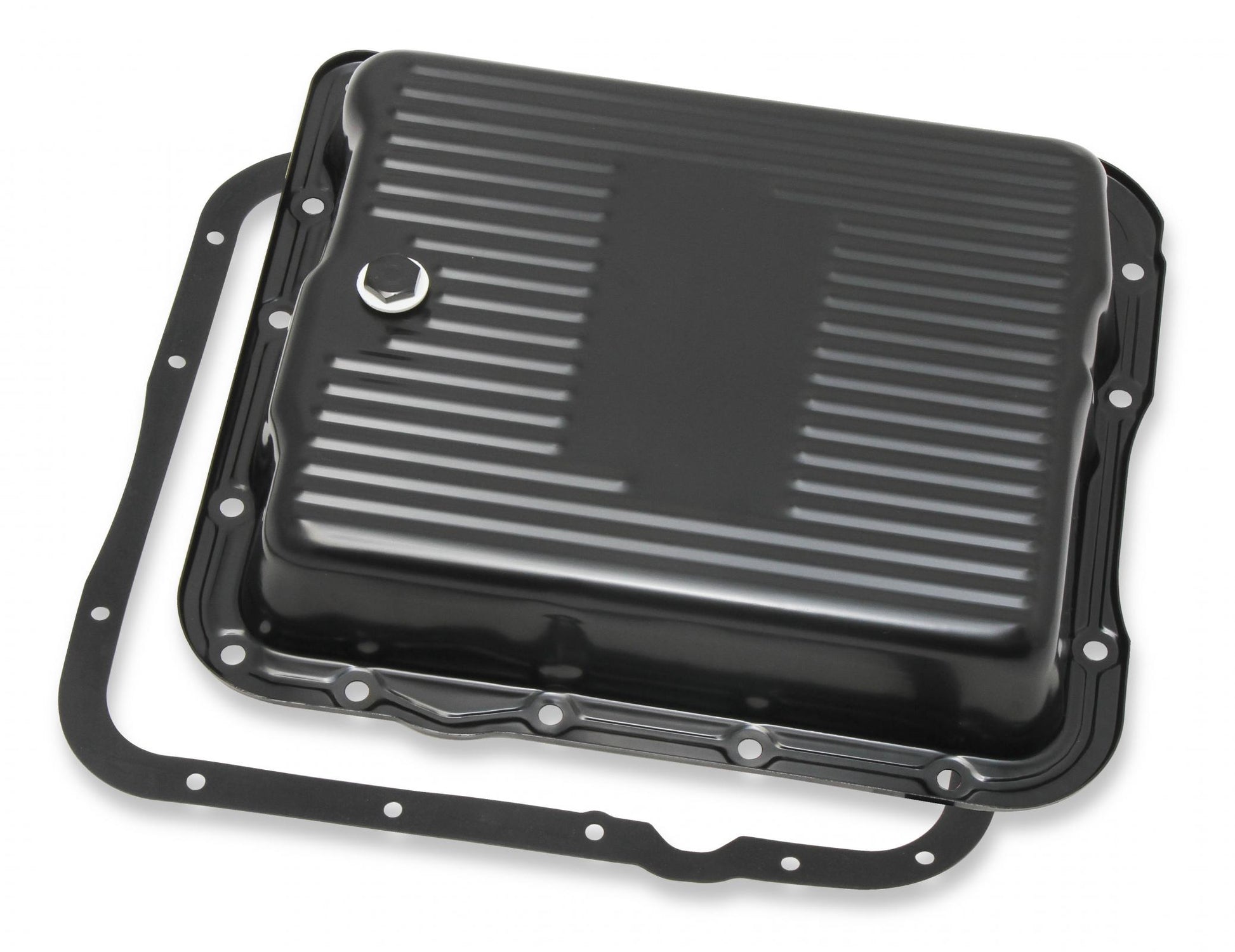 Transmission Oil Pan Black Steel Fits GM TH700R4/4L60/4L60E Stock Depth and Capacity Finned Design Mr Gasket