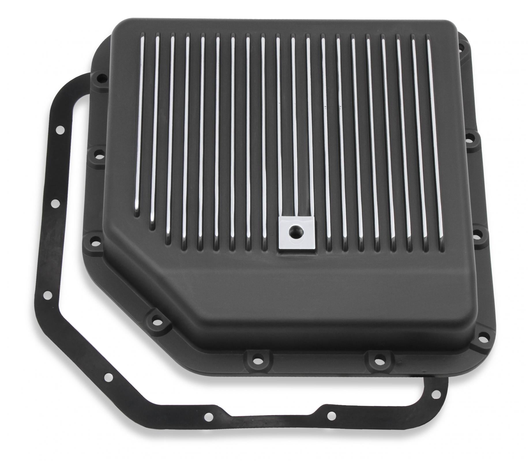 Transmission Oil Pan Black Aluminum Fits GM TH350 Stock Depth and Capacity Finned Design Mr Gasket
