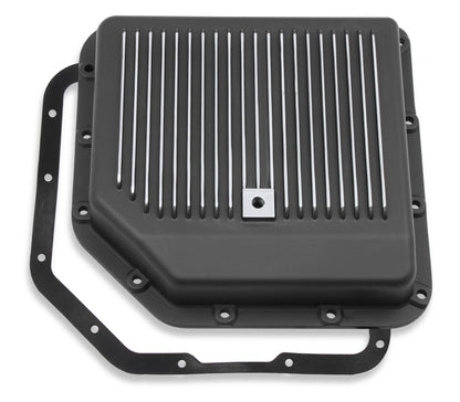 Transmission Oil Pan Black Aluminum Fits GM TH350 Stock Depth and Capacity Finned Design Mr Gasket
