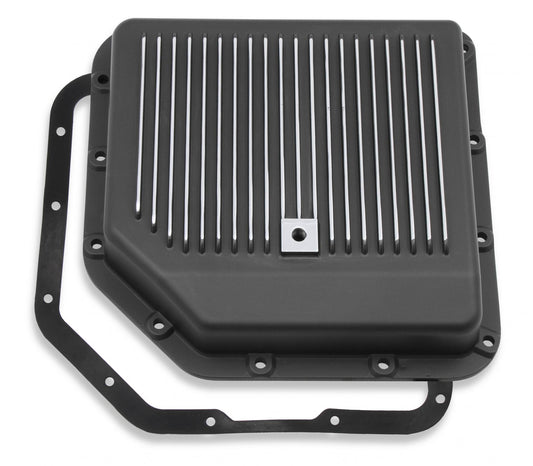Transmission Oil Pan Black Aluminum Fits GM TH350 Stock Depth and Capacity Finned Design Mr Gasket
