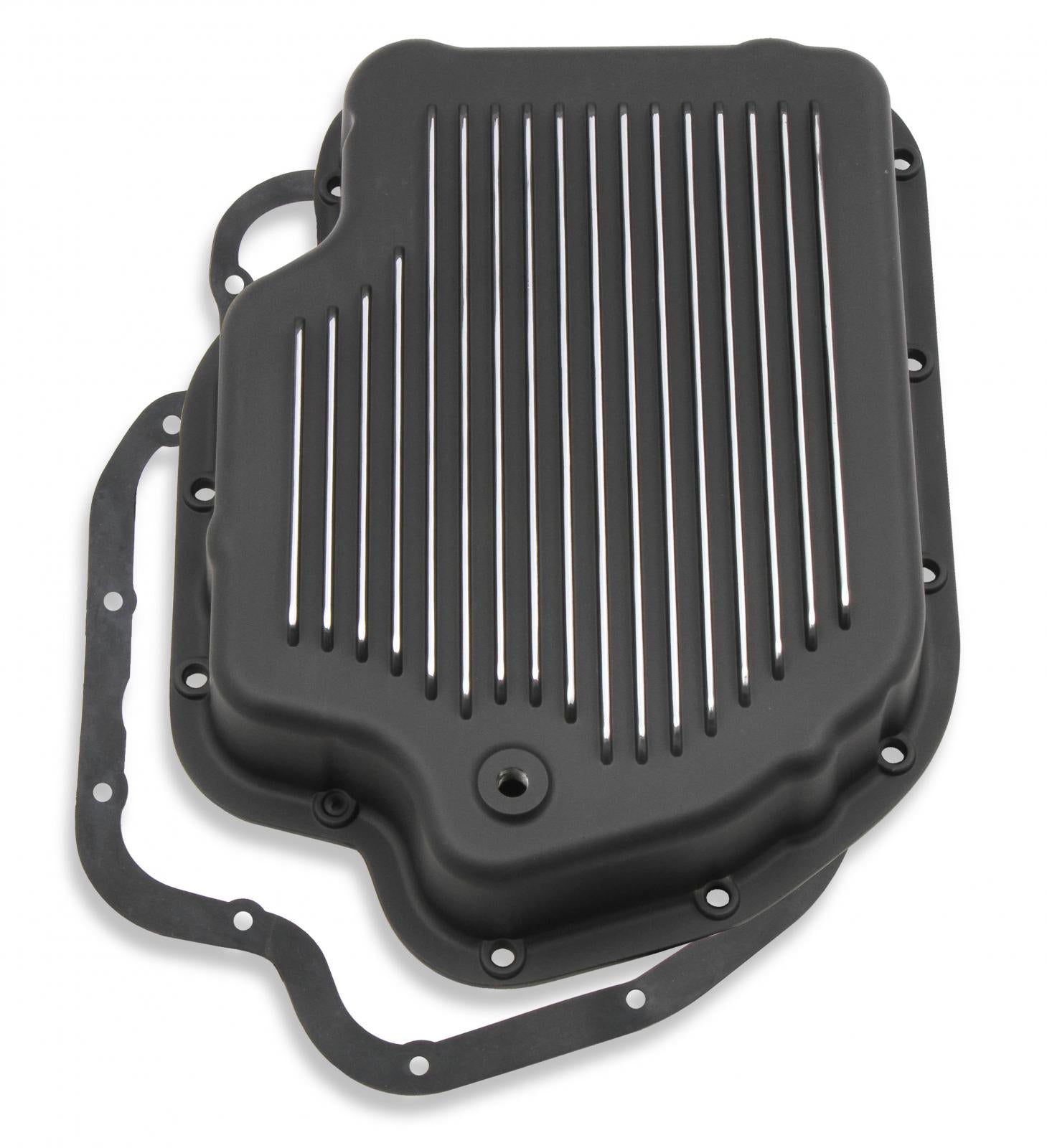 Transmission Oil Pan Black Aluminum Fits GM TH400 Stock Depth and Capacity Finned Design Mr Gasket