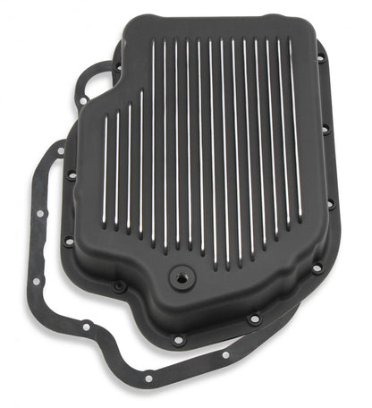 Transmission Oil Pan Black Aluminum Fits GM TH400 Stock Depth and Capacity Finned Design Mr Gasket