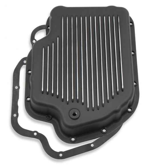 Transmission Oil Pan Black Aluminum Fits GM TH400 Stock Depth and Capacity Finned Design Mr Gasket