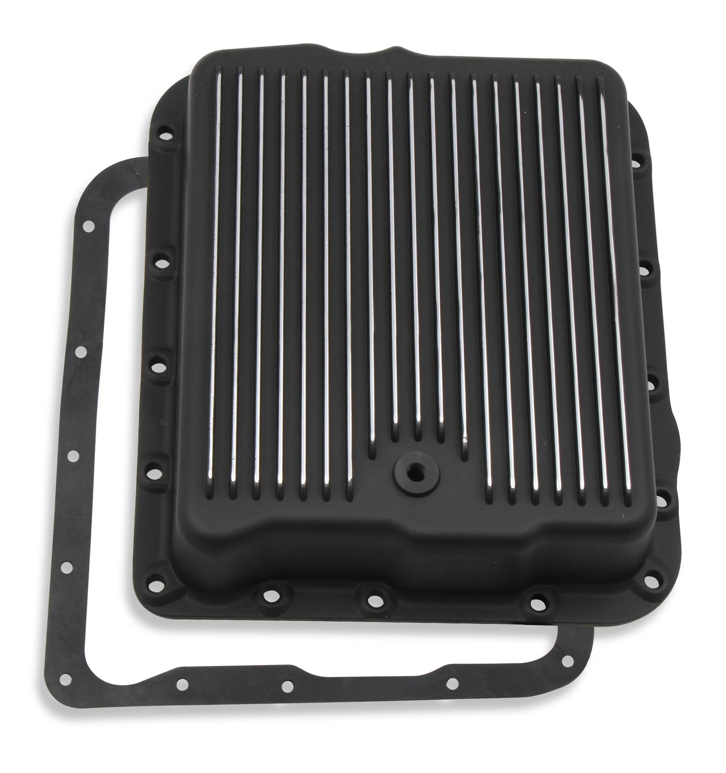 Transmission Oil Pan Black Aluminum Fits GM 700R4/4L60/4L60E Stock Depth and Capacity Finned Design Mr Gasket