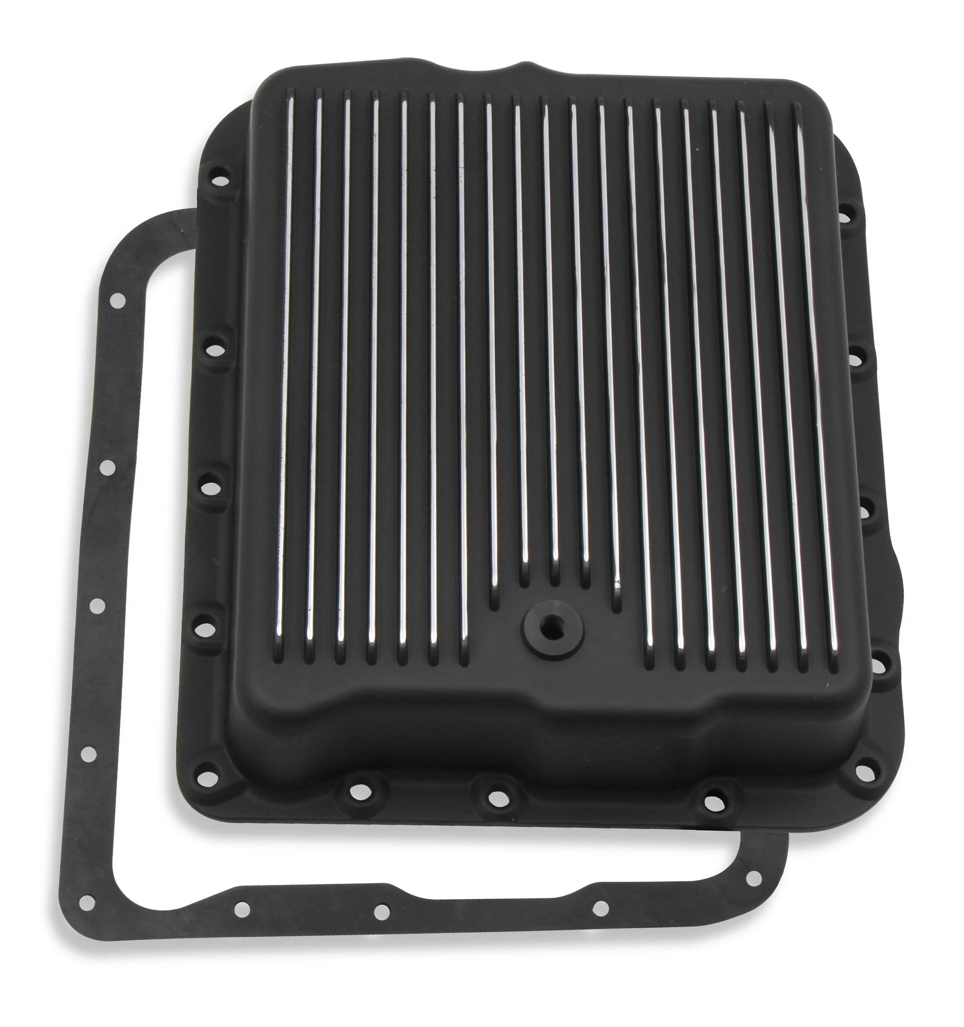 Transmission Oil Pan Black Aluminum Fits GM 700R4/4L60/4L60E Stock Depth and Capacity Finned Design Mr Gasket
