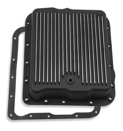 Transmission Oil Pan Black Aluminum Fits GM 700R4/4L60/4L60E Stock Depth and Capacity Finned Design Mr Gasket