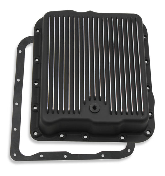 Transmission Oil Pan Black Aluminum Fits GM 700R4/4L60/4L60E Stock Depth and Capacity Finned Design Mr Gasket