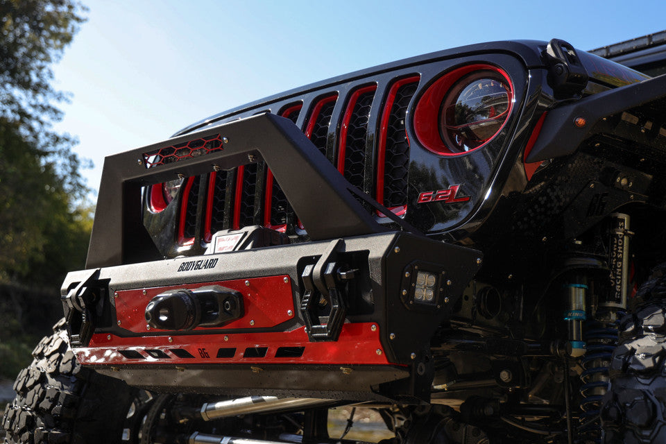 2020-2025 Jeep Gladiator Front Bumper Stubby with Push Bar End Cap Light Cutouts Texture Black Powdercoat Bodyguard Bumpers-2