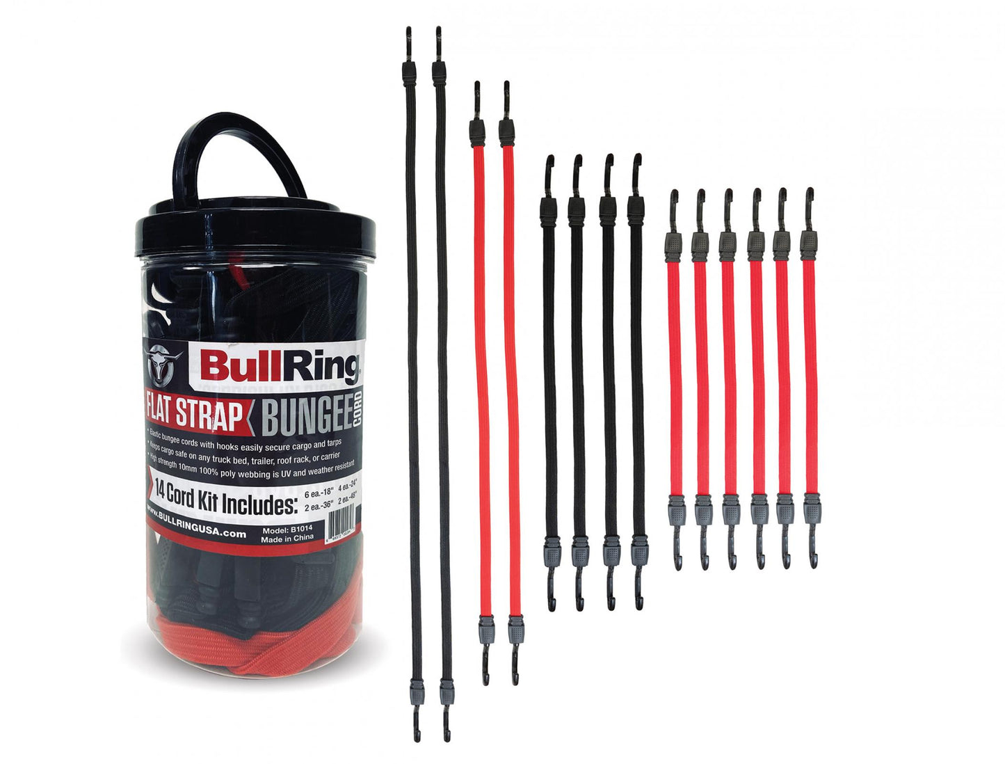 Flat Strap Bungee Cords 18-48 Inch 14pc Kit Black and Red Bullring SpeedStrap-2