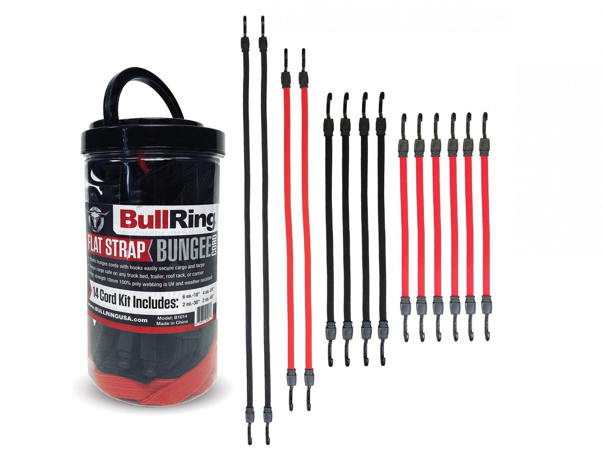 Flat Strap Bungee Cords 18-48 Inch 14pc Kit Black and Red Bullring SpeedStrap-2