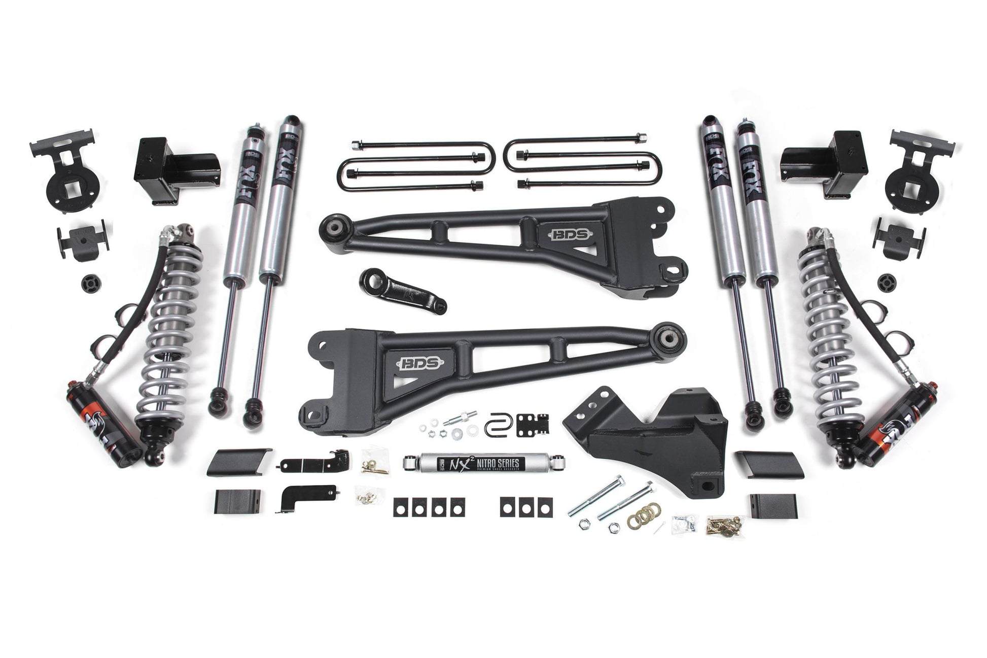 4 Inch Lift Kit w/ Radius Arm FOX 2.5 Performance Elite Coil-Over Conversion Ford F250/F350 Super Duty 17-19 4WD Diesel 5 Inch Block 2 Leaf Main FOX 2.0 Performance BDS Suspension