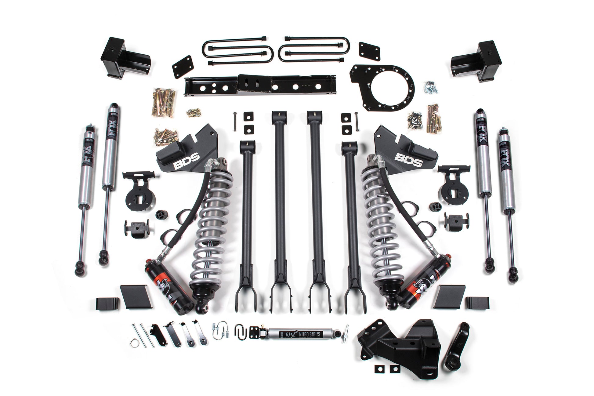 2017-2019 Ford F250/F350 4WD 6 Inch 4-Link Lift Kit 4 Inch Rear Block Diesel 2 Leaf Main Fox 2.5 PES C/O Front Fox 2.0 Performance Shocks Aux Front Fox 2.0 IFP PS Rear Block Kit and Add A Leaf BDS Suspension