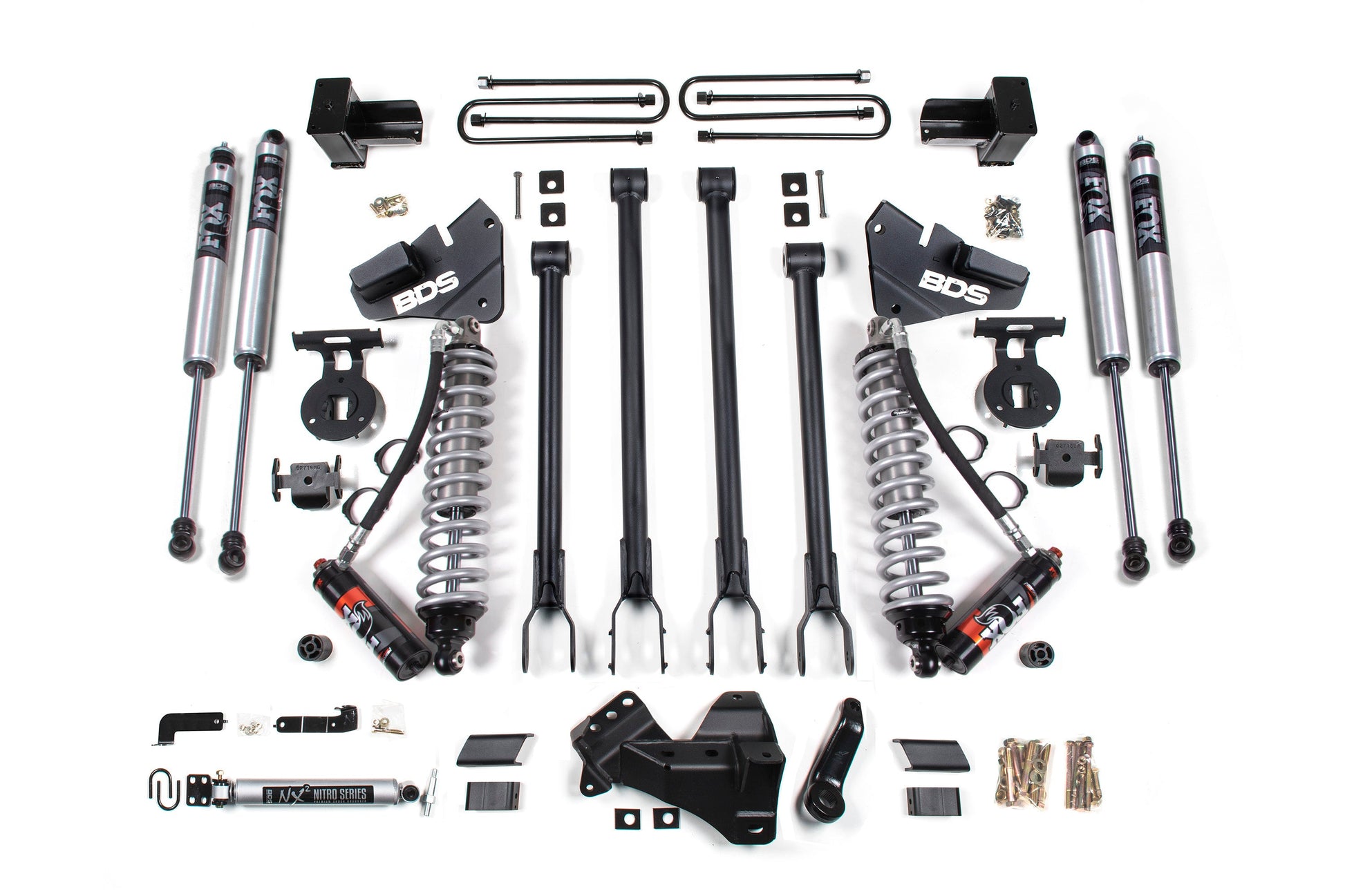 17-19 Ford F-250/F-350 4WD 4 Inch 4-Link Lift Kit, 2 Inch Rear, Block, Diesel - 2 and 3 Leaf Main - Fox 2.5 Performance Elite Series C/O Front, Fox 2.0 IFP Performance Series Aux Front, Fox 2.0 IFP Performance Series Rear BDS Suspension