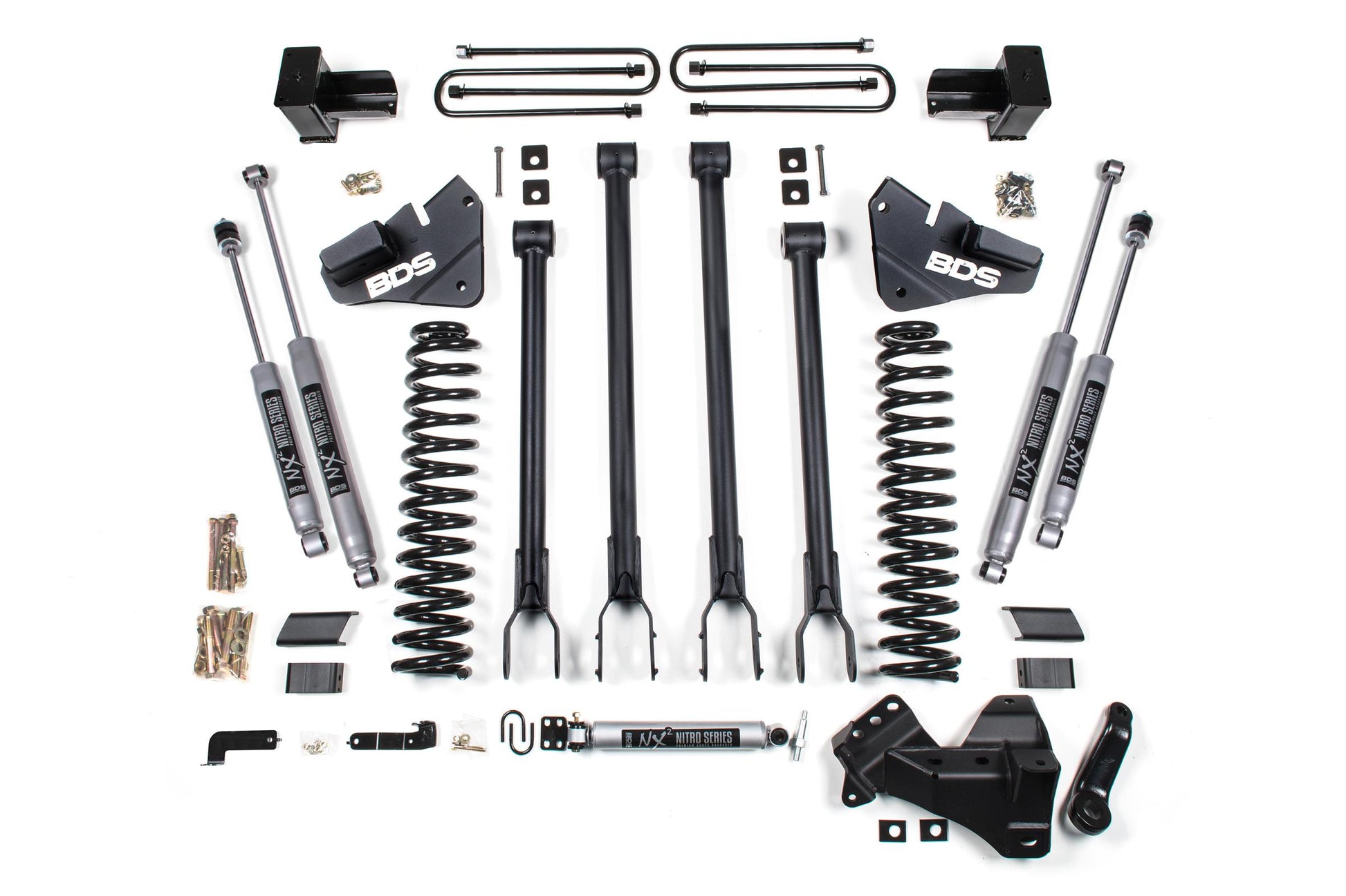 4 Inch Lift Kit 4-Link Conversion Ford F250 / F350 Super Duty 17-19 4WD Gas 5 Inch Block 2 Leaf Main NX2 Nitro Shocks BDS Suspension