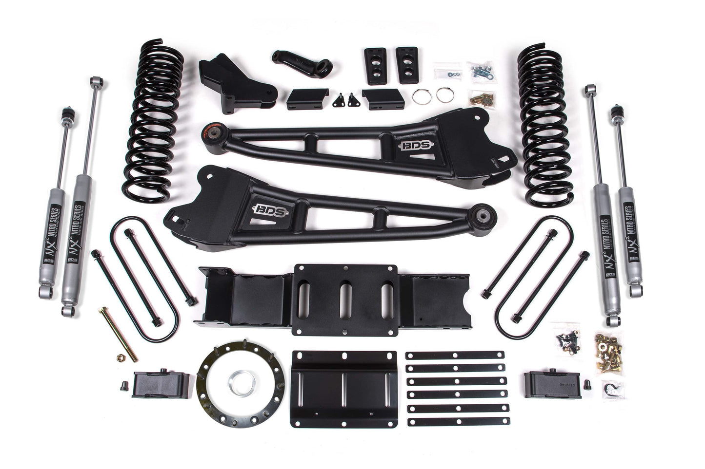4 Inch Lift Kit w/ Radius Arm 2 Inch Rear Block Ram 3500 19-24 4WD Diesel No Factory Rear Overload Leaf 6 Bolt NX2 Nitro Shocks BDS Suspension