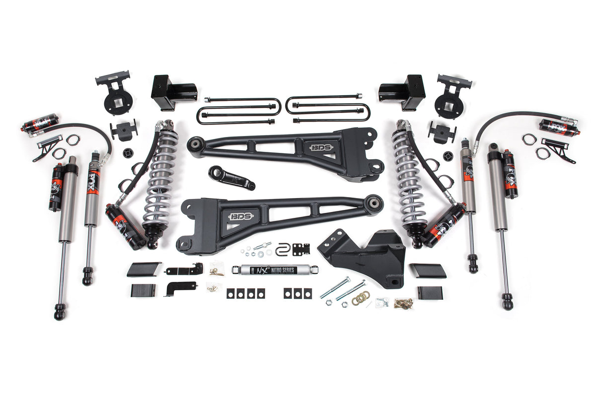 4 Inch Lift Kit w/ Radius Arm FOX 2.5 Performance Elite Coil-Over Conversion Ford F250/F350 Super Duty 17-19 4WD Diesel 5 Inch Block 3 Leaf Main FOX 2.5 Performance Elite BDS Suspension