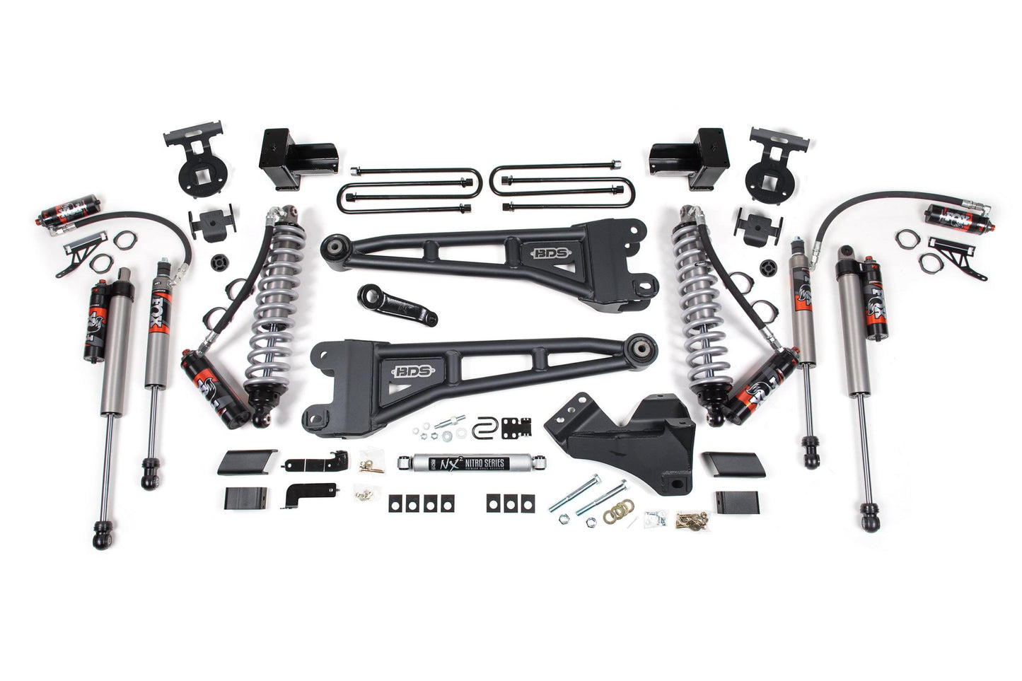 4 Inch Lift Kit w/ Radius Arm FOX 2.5 Performance Elite Coil-Over Conversion Ford F250/F350 Super Duty 17-19 4WD Diesel 5 Inch Block 2 Leaf Main FOX 2.5 Performance Elite BDS Suspension