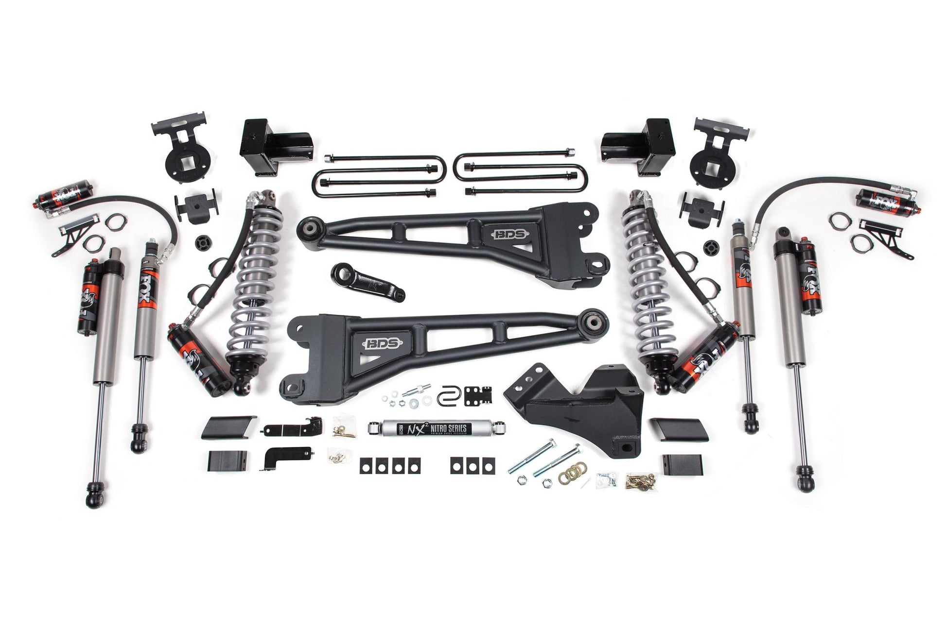 4 Inch Lift Kit w/ Radius Arm FOX 2.5 Performance Elite Coil-Over Conversion Ford F250/F350 Super Duty 17-19 4WD Diesel 5 Inch Block 2 Leaf Main FOX 2.5 Performance Elite BDS Suspension