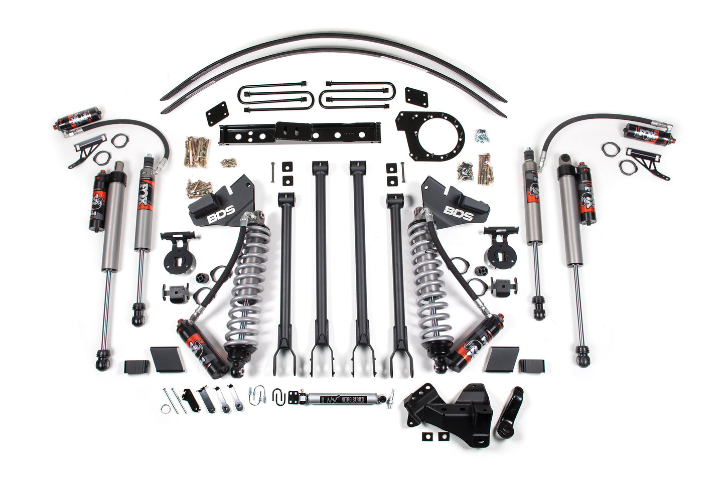 6 Inch Lift Kit w/ 4-Link FOX 2.5 Performance Elite Coil-Over Conversion Ford F250/F350 Super Duty 17-19 4WD Diesel Block Kit and Add A Leaf Fox 2.5 Performance Elite Shoces BDS Suspension