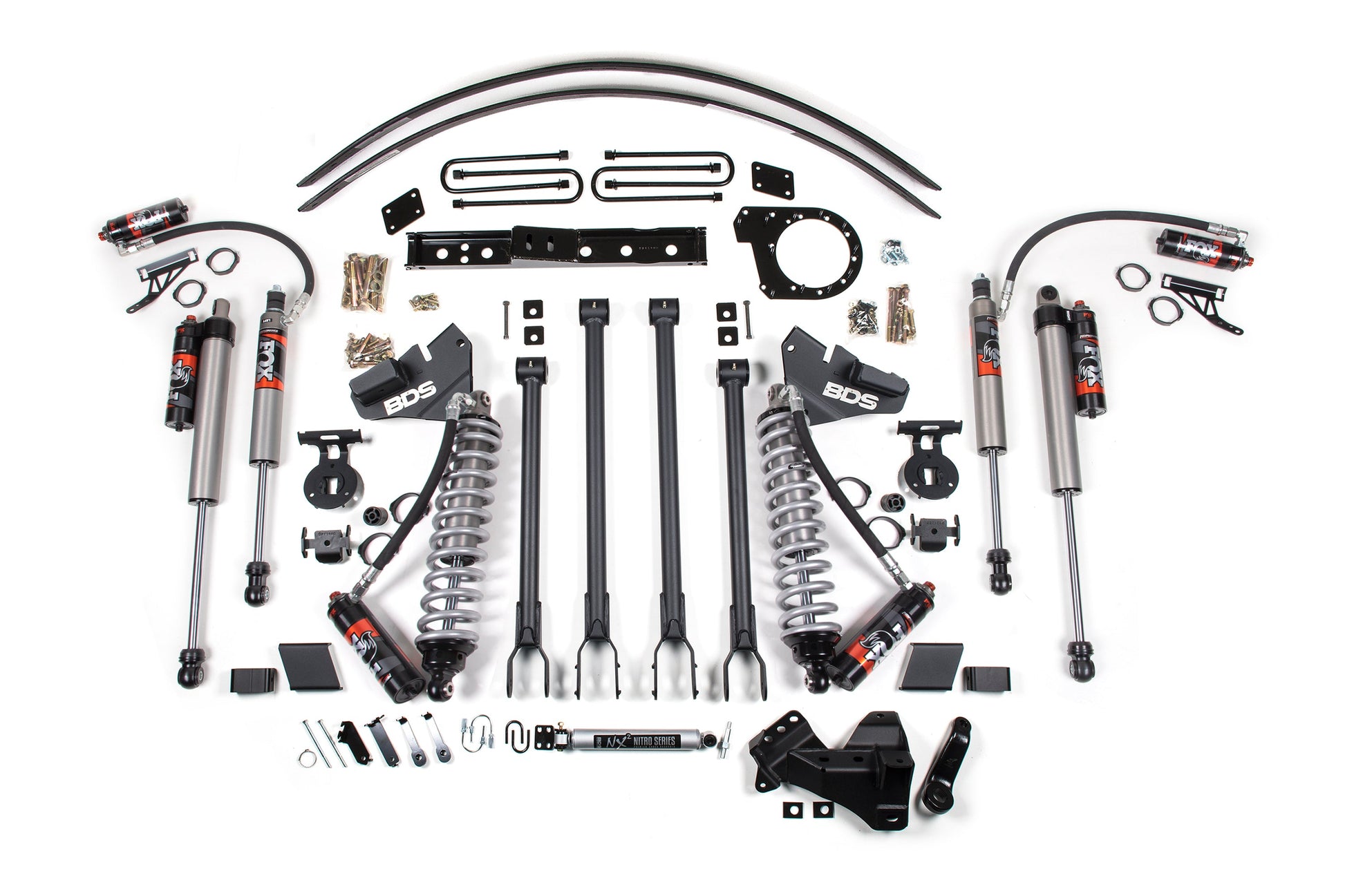 6 Inch Lift Kit w/ 4-Link FOX 2.5 Performance Elite Coil-Over Conversion Ford F250/F350 Super Duty 17-19 4WD Diesel Block Kit and Add A Leaf Fox 2.5 Performance Elite Shoces BDS Suspension