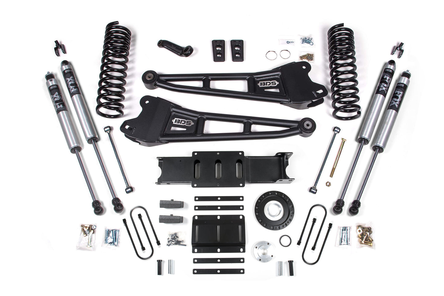 13-18 Ram 3500 4WD (Diesel) 6 Inch Radius Arm Lift Kit, 8-Bolt Indexing Ring, 5 Inch Rear Lift, Block - Fox 2.5 Performance Elite Series Shocks BDS Suspension