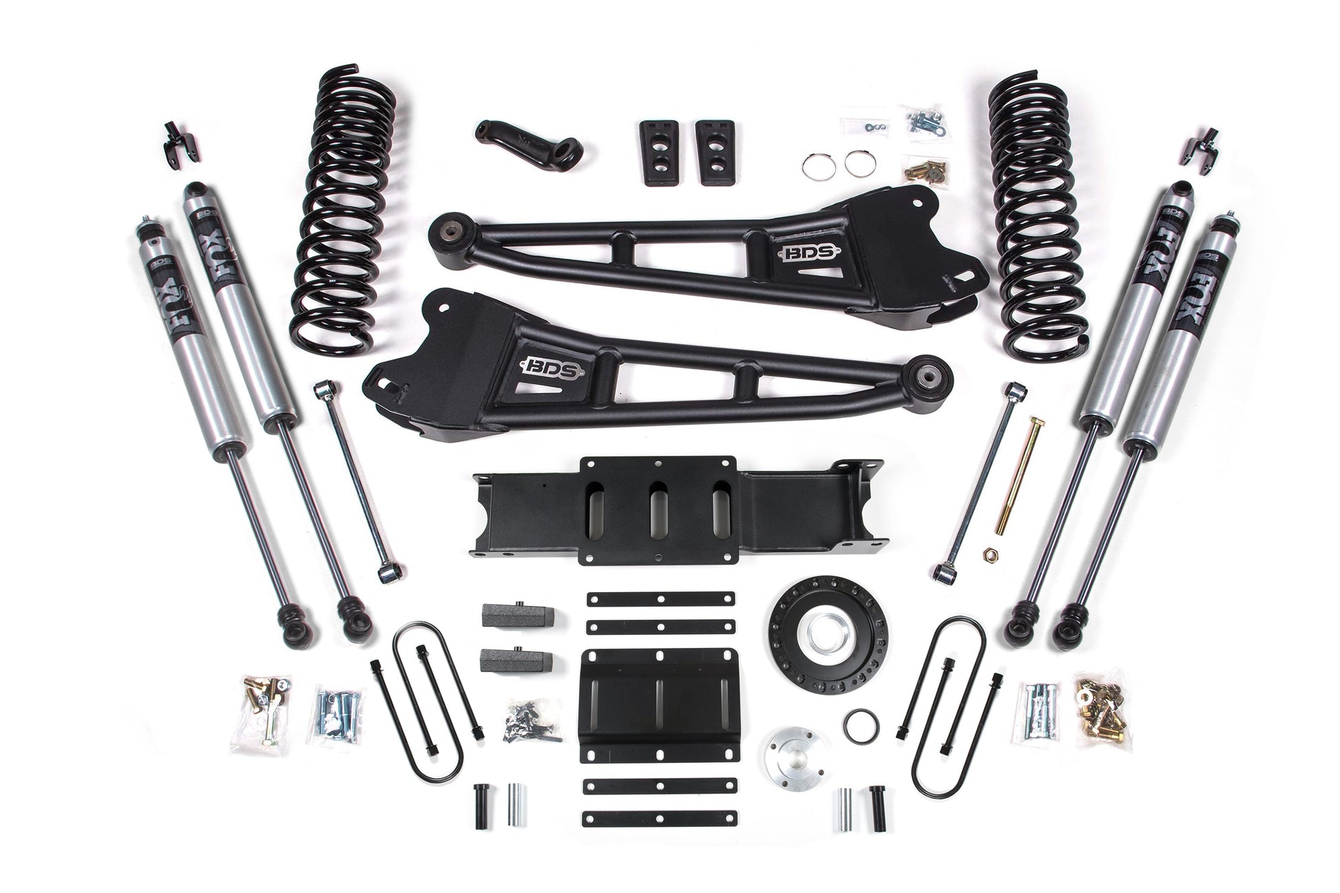 13-18 Ram 3500 4WD (Diesel) 6 Inch Radius Arm Lift Kit, 8-Bolt Indexing Ring, 5 Inch Rear Lift, Block - Fox 2.5 Performance Elite Series Shocks BDS Suspension
