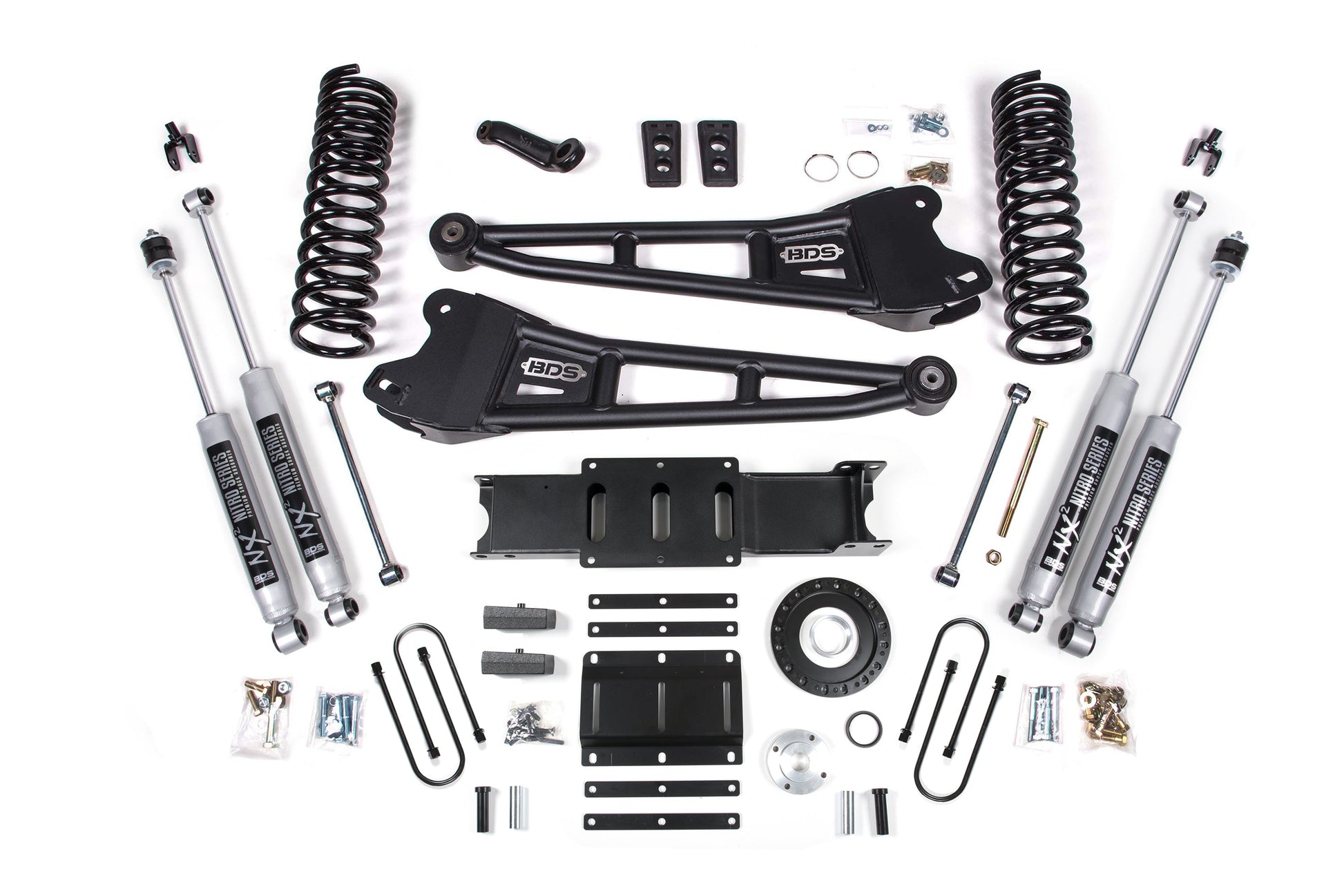13-18 Ram 3500 4WD (Diesel) 6 Inch Radius Arm Lift Kit, 8-Bolt Indexing Ring, 5 Inch Rear Lift, Block - Fox 2.0 IFP Performance Series Shocks BDS Suspension