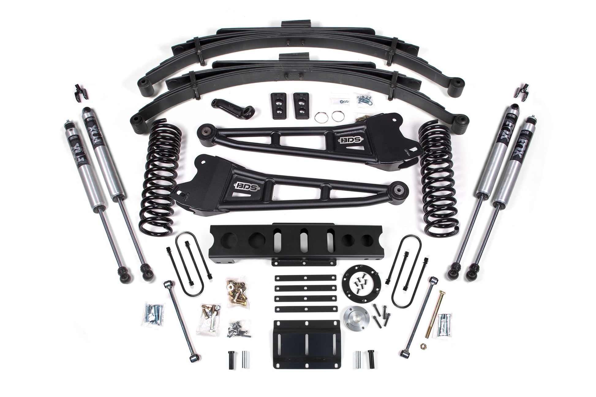 13-18 Ram 3500 4WD (Diesel) 6 Inch Radius Arm Lift Kit, 8-Bolt Indexing Ring, 4.5 Inch Rear Lift, Leaf Spring - Fox 2.5 Performance Elite Series Shocks BDS Suspension