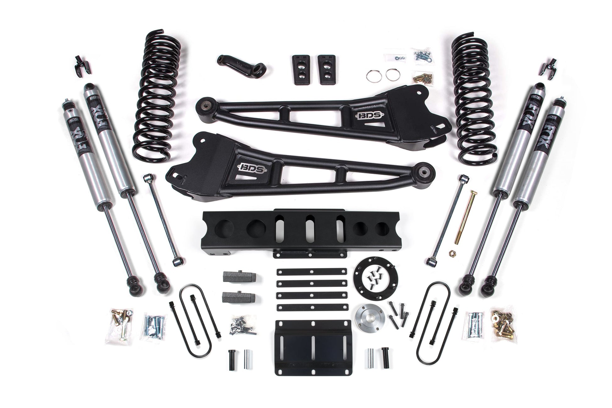 13-18 Ram 3500 4WD (Diesel) 6 Inch Radius Arm Lift Kit, 6-Bolt Indexing Ring, 4 Inch Rear Lift, Block - Fox 2.0 IFP Performance Series Shocks BDS Suspension
