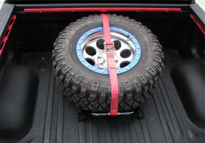 Gloss Black Bed Mounted Rapid Strap Tire Carrier with Red Strap NFab-2