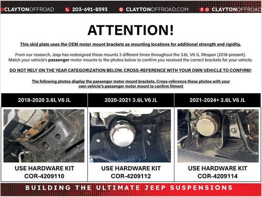 Jeep Wrangler 3.6L Engine Skid Plate Hardware (18-20, JL) Clayton Off Road-1