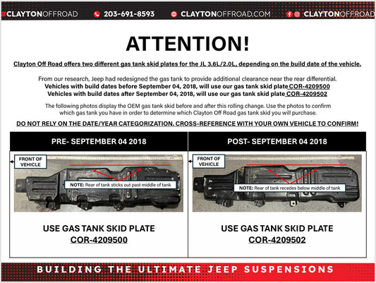 Jeep Wrangler 3.6L/2.0L Gas Tank Skid Plate Only - Skinny Tank (18-Present, JL) Clayton Off Road-1