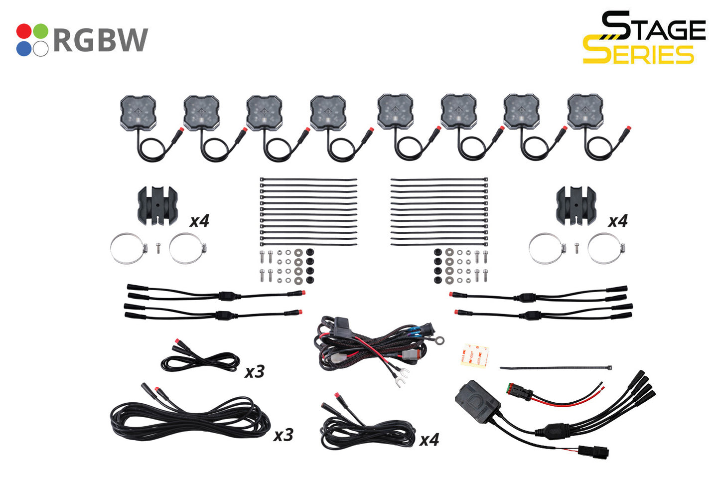 Diode Dynamics Stage Series SXS Rock Light Installer Kit, RGBW M8 (8-pack)