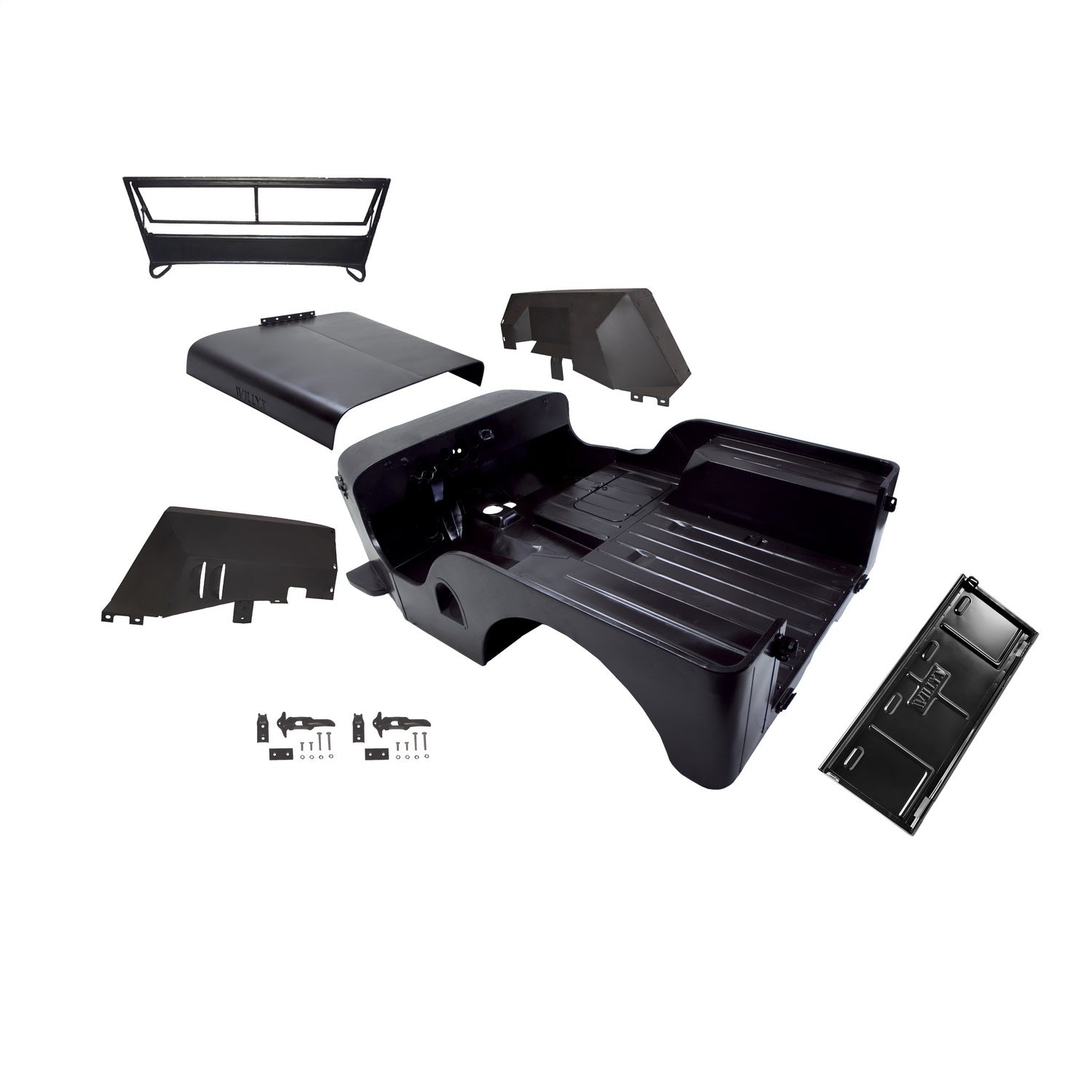 Body Kit Steel Includes Body w/Fenders/Hood w/Willys Script/Windshield And Tailgate w/Willys Script Willys Stamped Licensed Mopar Restoration Product Replaces OE 673859-2A OMIX