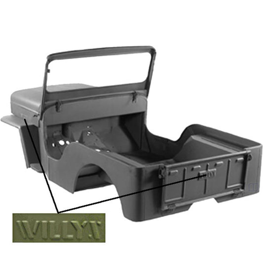 Body Kit Steel Includes Body w/Fenders/Hood w/Willys Script/Windshield And Tailgate w/Willys Script Willys Stamped Licensed Mopar Restoration Product Replaces OE 693197 OMIX